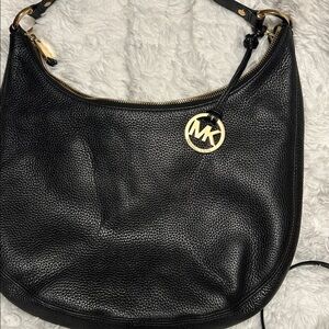 Michael Kors Black Leather Shoulder Bag with Gold Accents